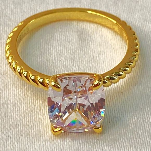 Silver 925 Ring Delux Gold Tone Square Clear Stone Scalloped Trim - Picture 1 of 8